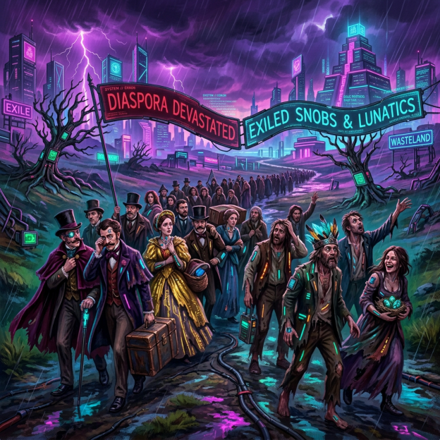 Long line of varied characters walking through muddy terrain under a tattered banner in rainy, dark weather.