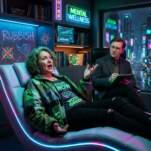 Woman in casual jacket talking on a therapy couch with therapist taking notes in neon-lit room