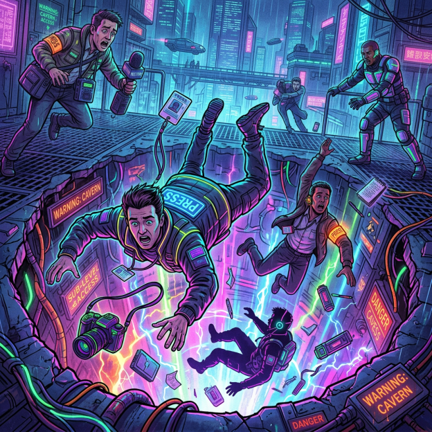 Journalists with press badges falling into a large illuminated cavern surrounded by warning signs in a neon-lit futuristic city.