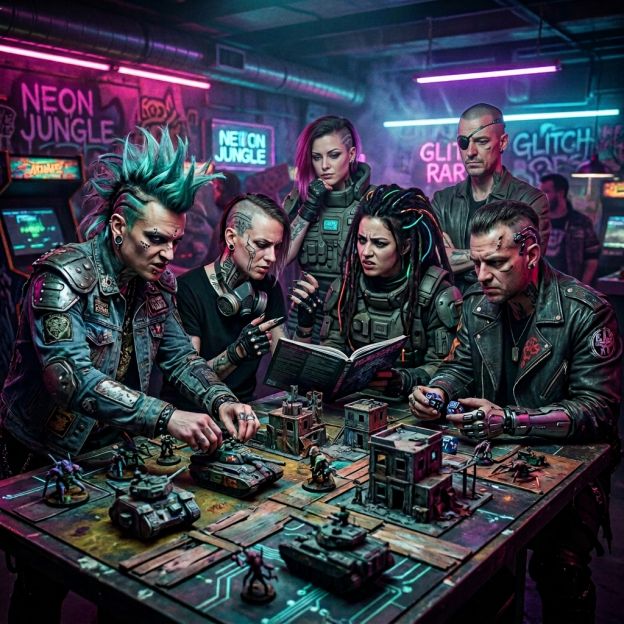 Four players gather around a miniature tabletop battle game in a neon arcade