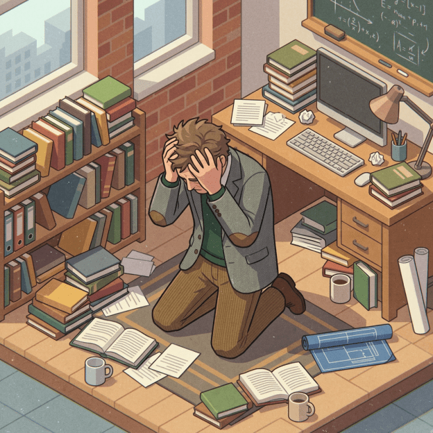Stressed student kneeling among books, papers, and a computer desk