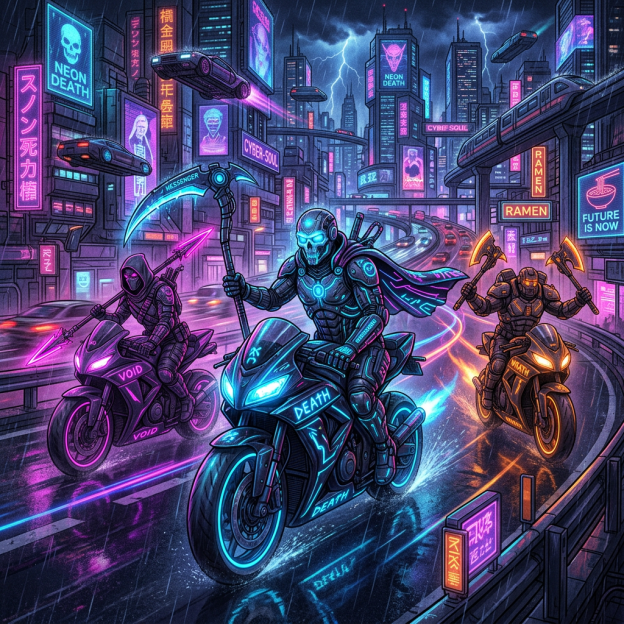 Three armored riders race neon motorcycles through a rainy cyberpunk city beneath lightning