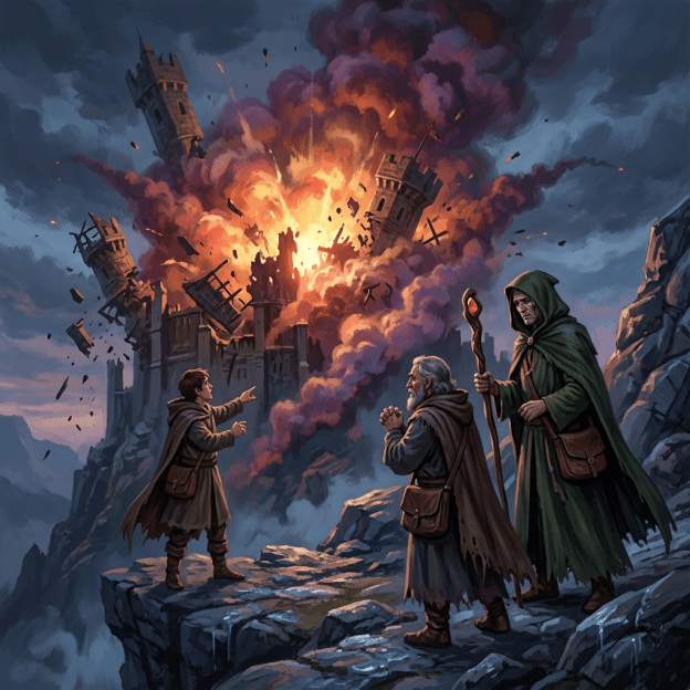 Three travelers watch a burning castle erupt in a mountain valley