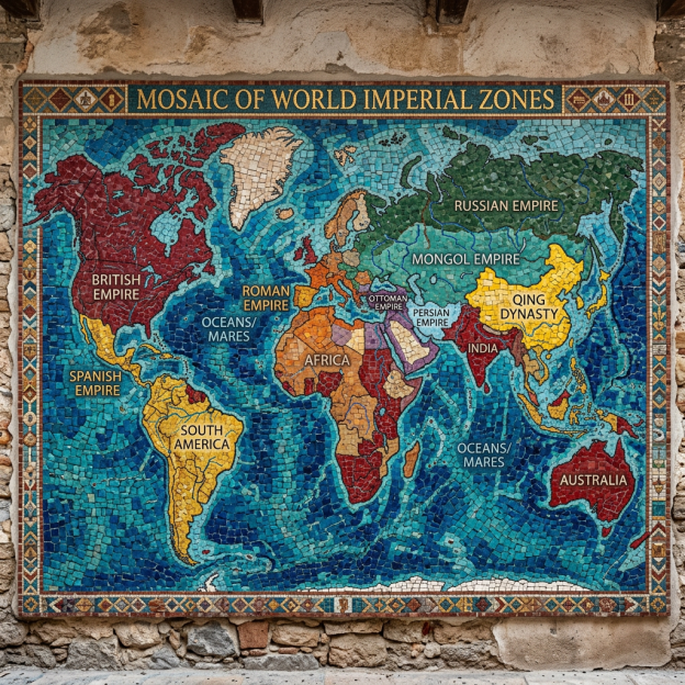 Mosaic of World Imperial Zones map labeled British, Spanish, Roman, Mongol, Russian, Ottoman, Persian, Qing, and other empires
