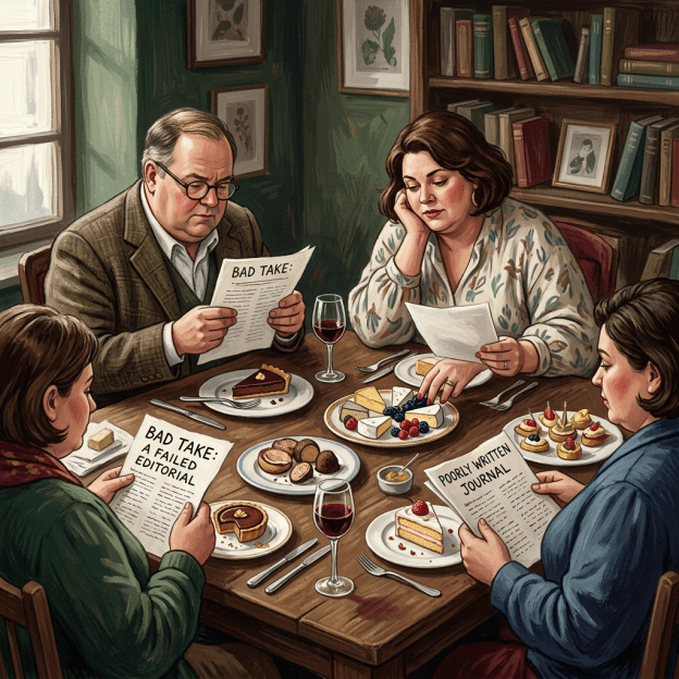 Four diners at table reading “BAD TAKE,” “BAD TAKE: A FAILED EDITORIAL,” and “POORLY WRITTEN JOURNAL.”