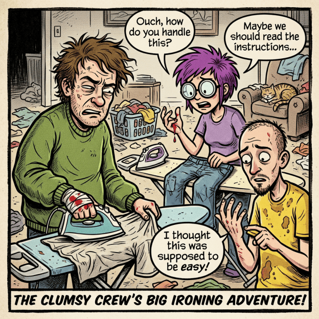 Comic text: “Ouch, how do you handle this?”, “Maybe we should read the instructions...”, “I thought this was supposed to be easy!”, and “THE CLUMSY CREW’S BIG IRONING ADVENTURE!”