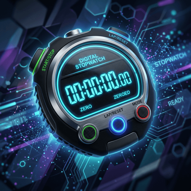 Digital stopwatch reading 00:00:00.00 with text DIGITAL STOPWATCH, START/STOP, LAP/RESET, ZERO, ZEROED, and MODE