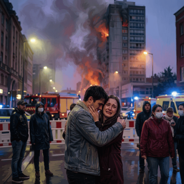 Couple embracing in rain near emergency vehicles and burning building