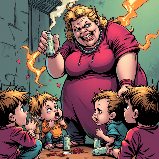 Cartoon woman holding a canister above four children and scattered red candies