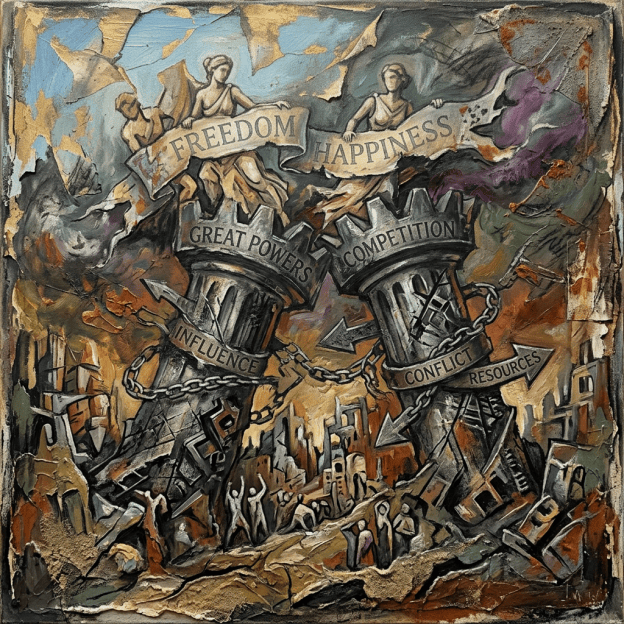 Allegorical painting labeled “FREEDOM,” “HAPPINESS,” “GREAT POWERS,” “COMPETITION,” “INFLUENCE,” “CONFLICT,” “RESOURCES.”