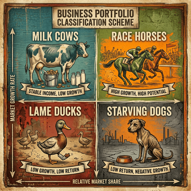 Business Portfolio Classification Scheme: Milk Cows—stable income, low growth; Race Horses—high growth, high potential; Lame Ducks—low growth, low return; Starving Dogs—low return, negative growth; axes show market growth rate and relative market share.