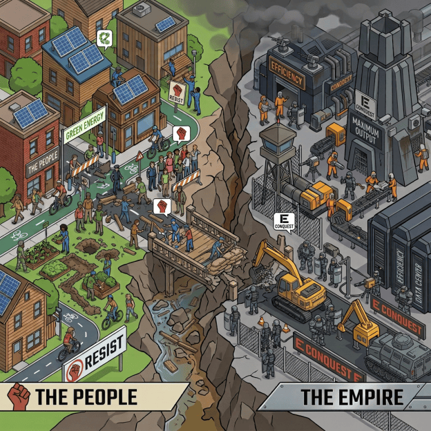 Illustration labeled ORGANIC ALLIANCE and TECHNO-CORP, contrasting green community living with industrial development; signs read COOPERATE, GREEN ENERGY, HARMONY GARDEN, EFFICIENCY, MAXIMUM OUTPUT, PROFIT OVER GREEN, and INDUSTRIAL GROWTH.