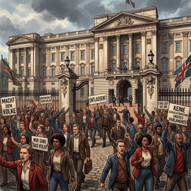 Protesters outside a palace hold signs reading “POWER TO THE PEOPLE,” “VOTED OUT BY THE PEOPLE,” “DISMISSED!,” “WE THE PEOPLE,” “YOUR TIME IS UP,” and “NO RECLAIMING OUR PARLIAMENT.”