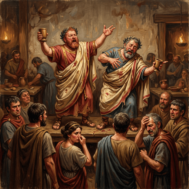 Two wreath-crowned Roman revelers gesture from a tavern platform as onlookers react