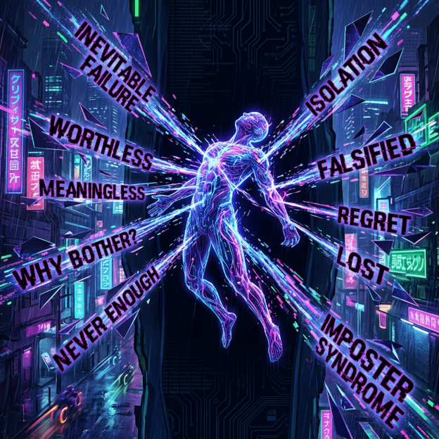 Glowing digital human amid neon city with text: INEVITABLE FAILURE, WORTHLESS, MEANINGLESS, WHY BOTHER?, NEVER ENOUGH, ISOLATION, FALSIFIED, REGRET, LOST, IMPOSTER SYNDROME
