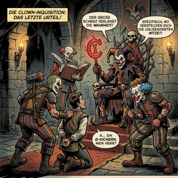 Comic panel reading "CLOWN INQUISITION: THE FINAL JUDGMENT!" with clowns interrogating a kneeling man; speech bubbles say "THE GREAT JEST DEMANDS THE TRUTH!", "SPESS-CIFICALLY, WHERE ARE THE UNLICENSED JOKES HIDING?!", and "A... G-GIGGLE, SIR?"