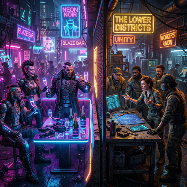 Neon bar patrons share drinks beside workers planning around blueprints