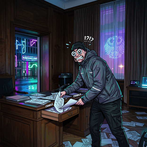 Man sorting papers in an office; window sign reads BUNDESKANZLERAMT.