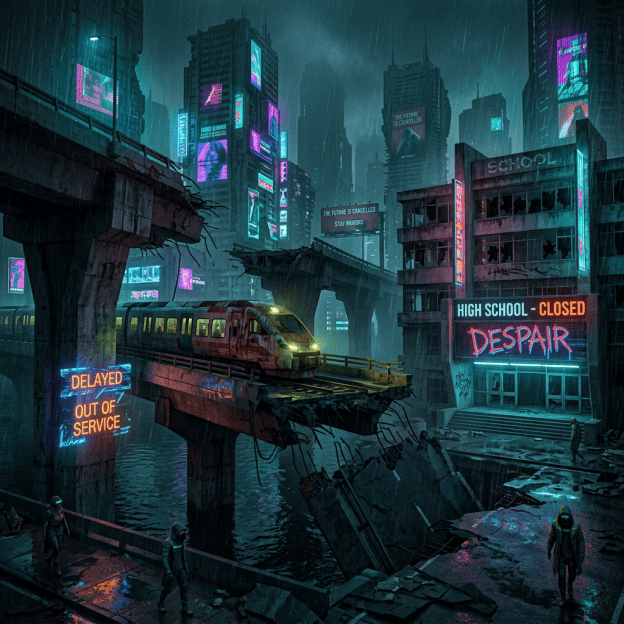 Rainy cyberpunk city with delayed train, neon signs, and closed high school