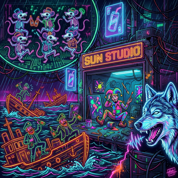 Neon illustration of Sunn Studio with an artist, pirate boats, dancing mice, and wolf