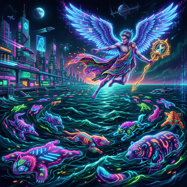 Winged guardian with a staff above neon waters and aquatic creatures
