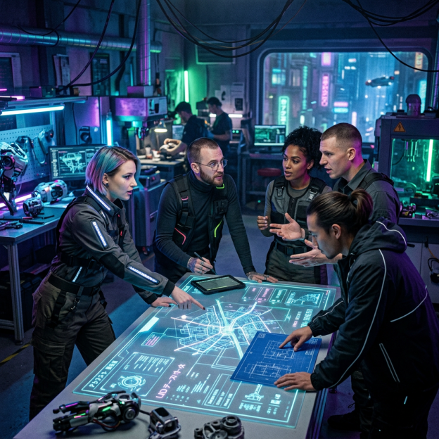 Five-person team studies a glowing holographic tactical map in a futuristic workshop