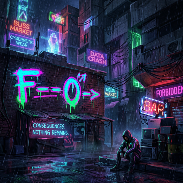 Rainy cyberpunk alley with neon signs reading BLISS MARKET, CYBERNETIC WEAR, DATA CRASH, NEON WASTE, FORBIDDEN BAR, and CONSEQUENCES. NOTHING REMAINS.