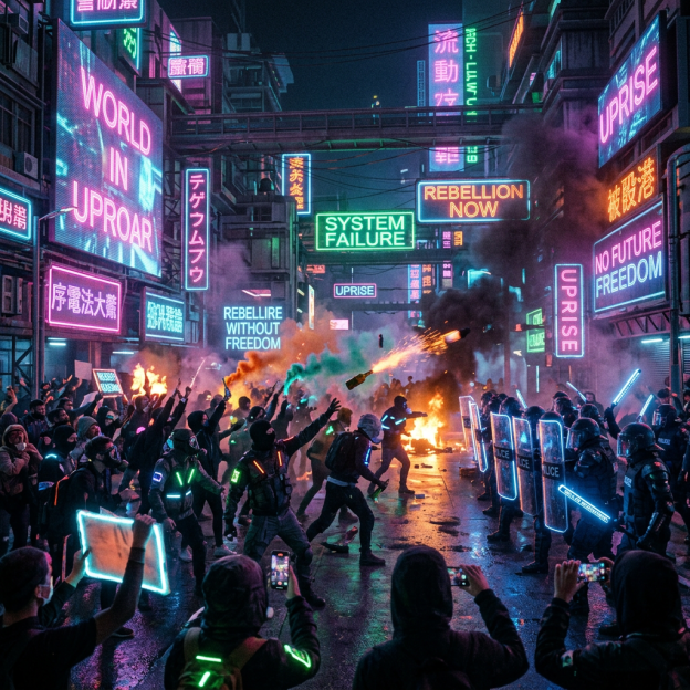 Protesters and riot police amid fire, smoke, and neon signs reading “SYSTEM FAILURE” and “REBELLION NOW”