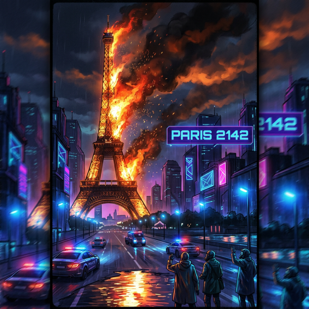 Burning Eiffel Tower above futuristic city streets labeled “PARIS 2142”
