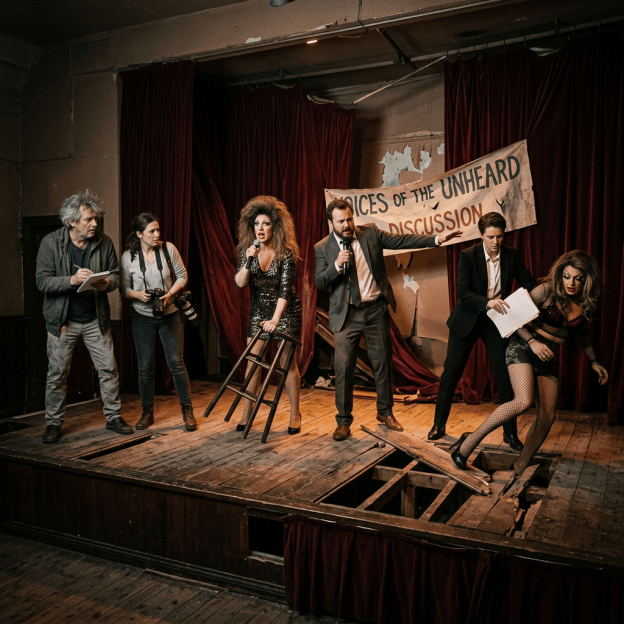 Six people on a theater stage beneath a banner reading “VOICES OF THE UNHEARD DISCUSSION.”