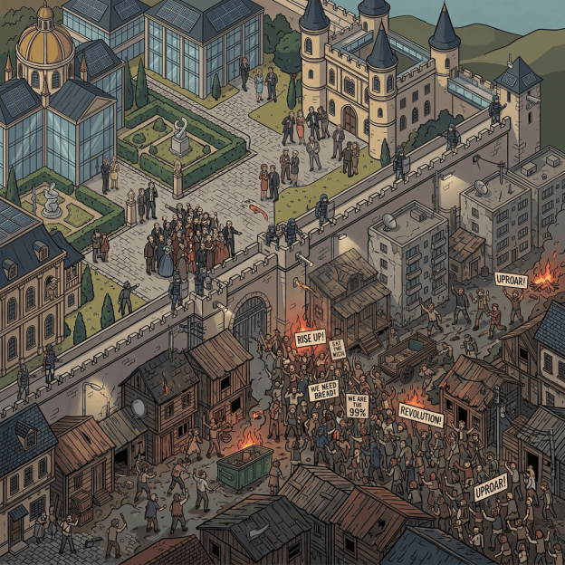 Illustrated castle above a burning protest with signs reading “RISE UP!”, “WE NEED BREAD!”, “REVOLUTION!”, and “UPROAR!”