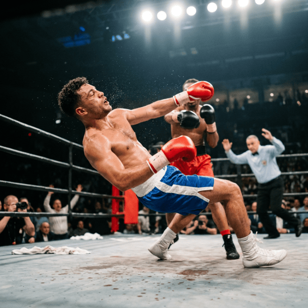 Boxer stumbles backward as opponent advances in a crowded ring