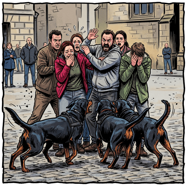 Four distressed adults surrounded by four large black-and-tan dogs